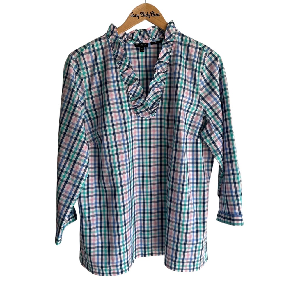 TALBOTS Petites Multi Color Plaid Ruffle V-Neck Collar Ladies Popover Top, 16P